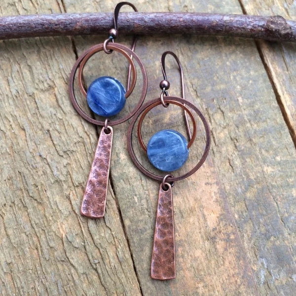 blue kyanite earrings with copper accents