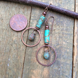 Turquoise and Glass Copper Drop Earrings