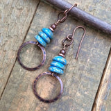 Artsy Blue Czech Glass Earrings with Hammered Copper Drop