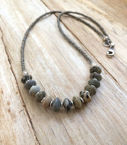 Stone Beaded Necklace, Silver Stone Necklace, Boho Jewelry, Bohemian Jewelry, Beaded Jewelry, Gray Silver Necklace