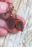 Rustic Burnt Orange Leaf Earrings with Antiqued Copper