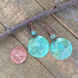 Blue Green, Hammered, Patina Copper Earrings