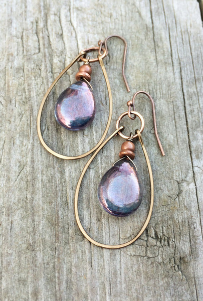 Blue Purple Iridescent Glass Teardrops with Hammered Copper Hoop