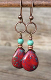 Red Teardrop Czech Glass Earrings with Turquoise and Copper