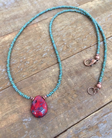 Small Red Teardrop Necklace, Boho Jewelry, Minimalist Necklace, Beaded Boho Necklace