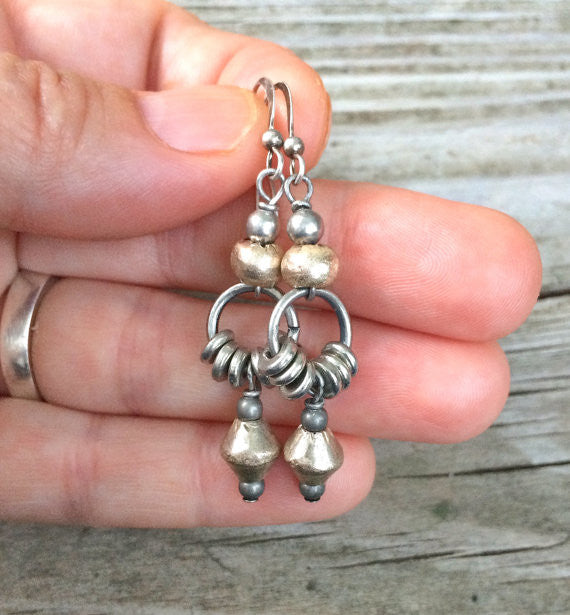 2 Pieces Antique Silver Ethnic Tribal Earring Findings with Earring Hooks.  (37x29x1mm) - 8134