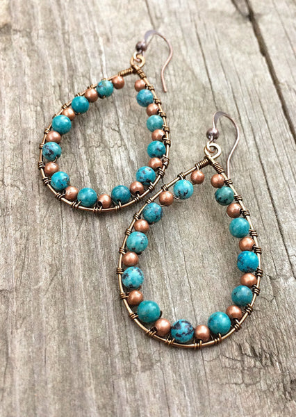 turquoise wrapped copper hoop earrings